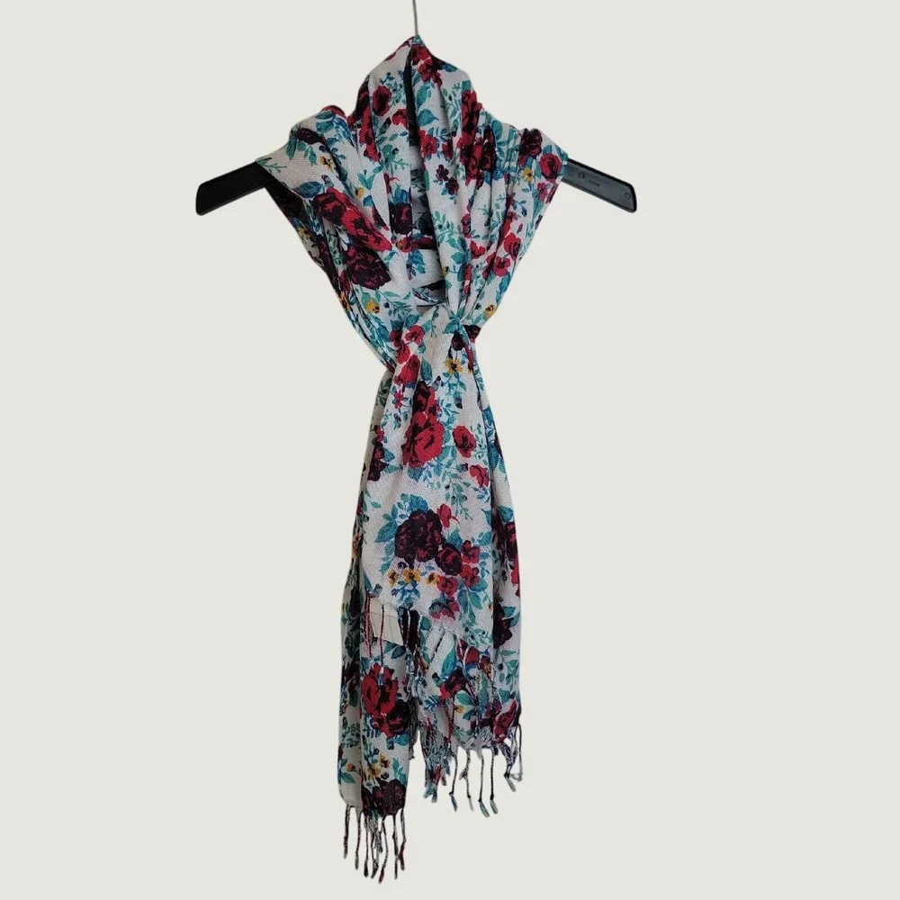 Pashmire Scarf Floral Print Fringe Wrap Shawl Cottagecore Boho White Red Teal